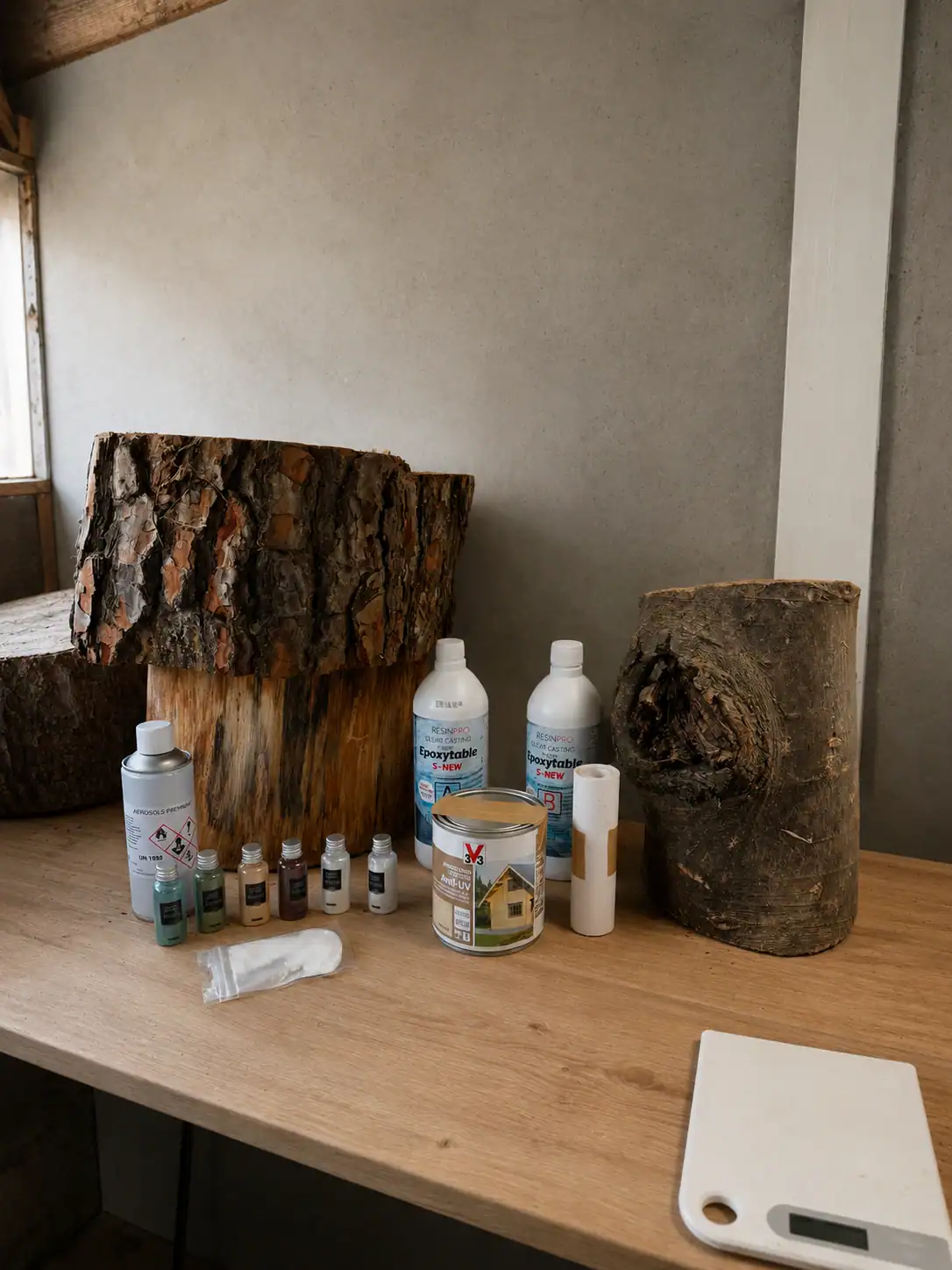 Coulée de résine époxy sur un plan de travail en bois massif dans l'atelier Volt & Bois Création.