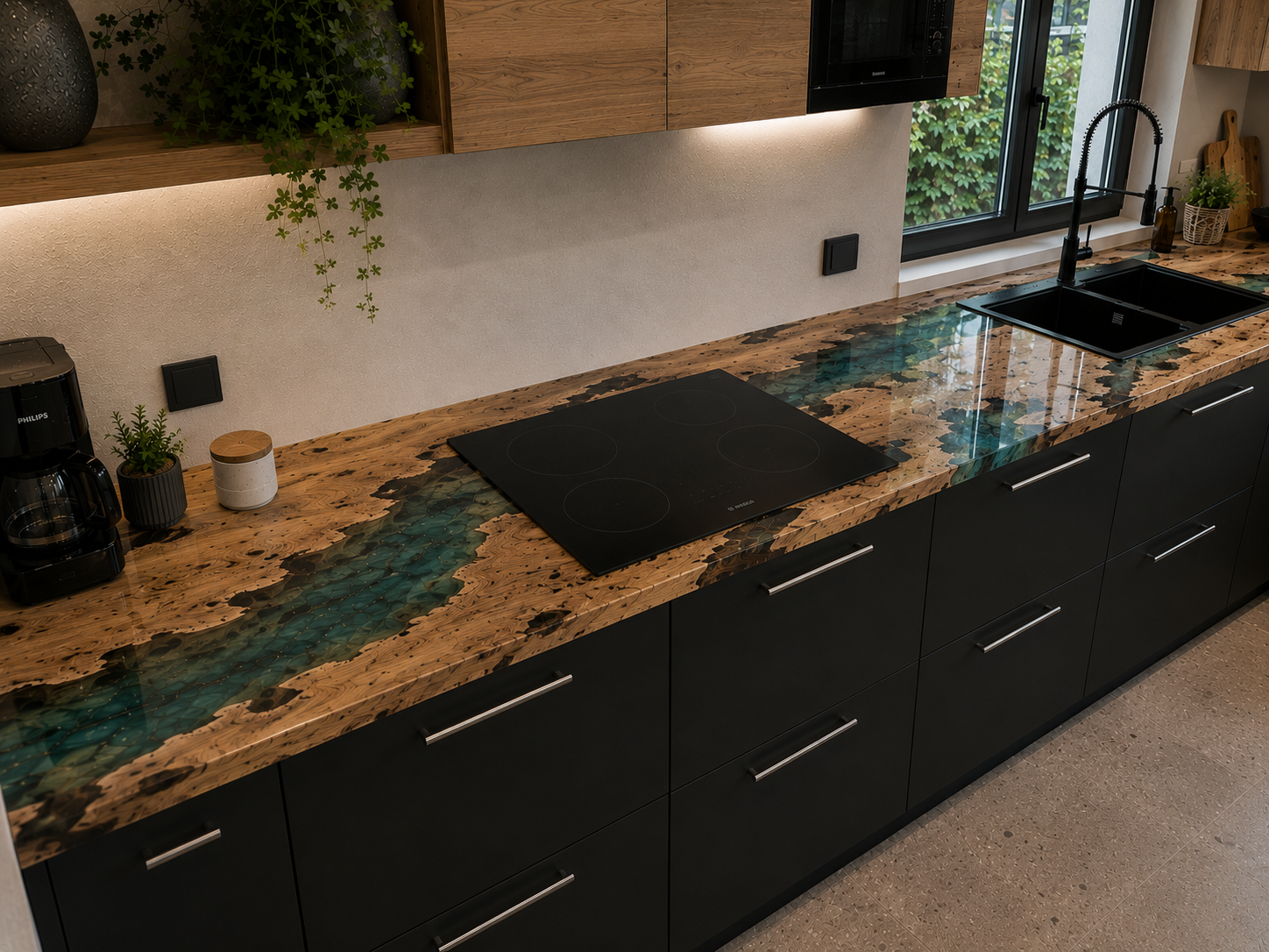 Plan de travail sur mesure en bois massif et résine époxy réalisé artisanalement pour une cuisine moderne.