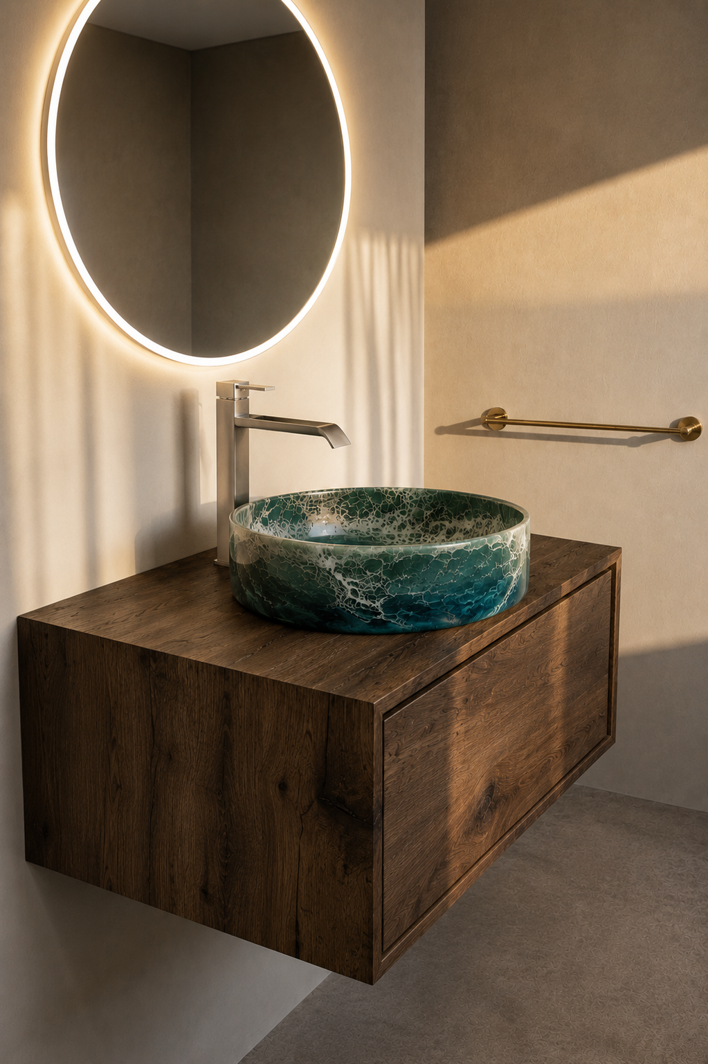 Vasque sur mesure en bois massif et résine époxy verte sur meuble suspendu avec miroir LED